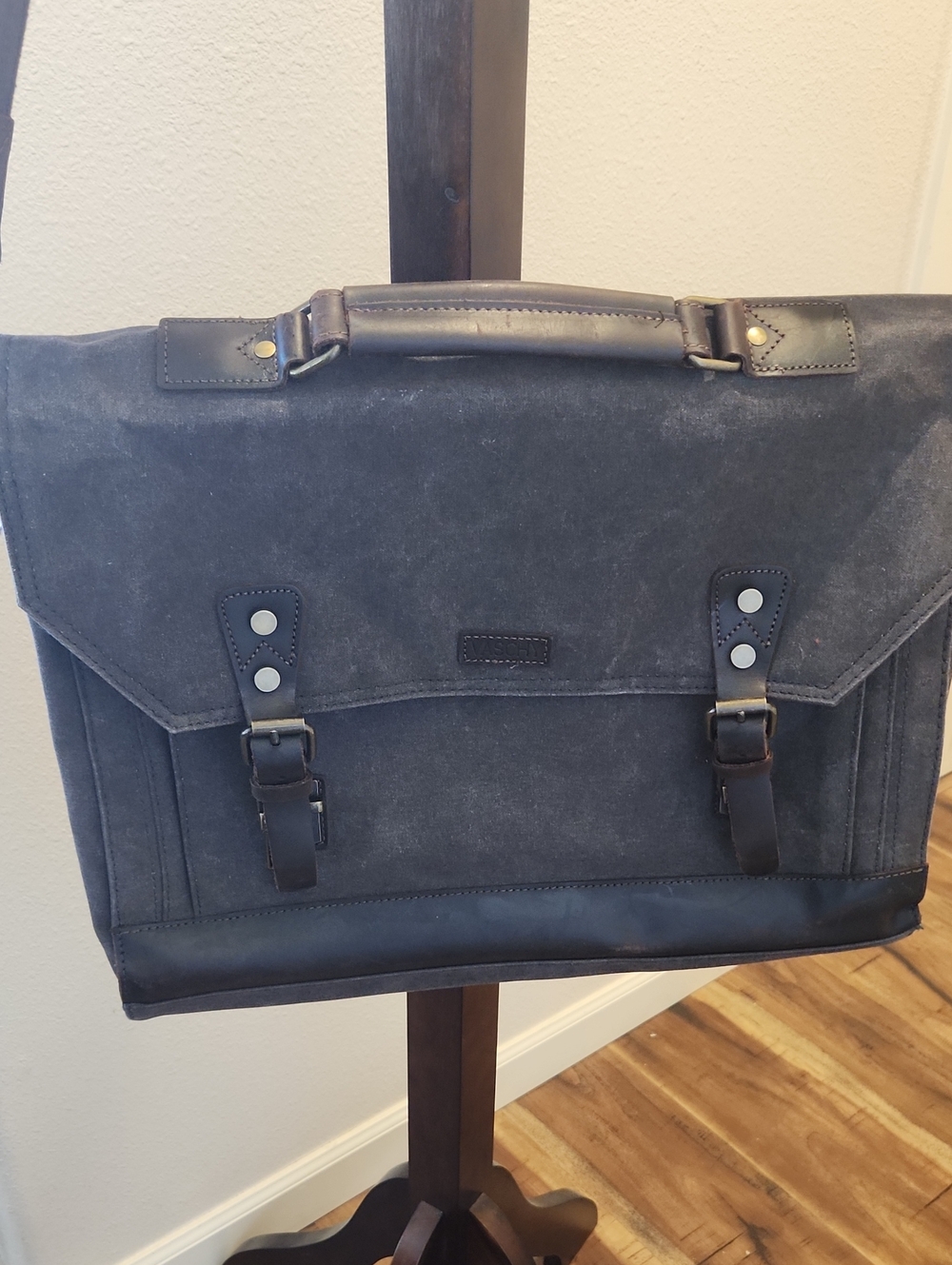 Waxed Canvas Messenger Bag in Charcoal Gray with Leather Trim 14x17